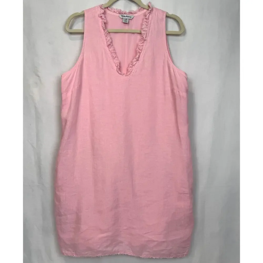 Tommy Bahama Pink 100% Linen Shift Dress Ruffle Neck Size L - Picture 1 of 7